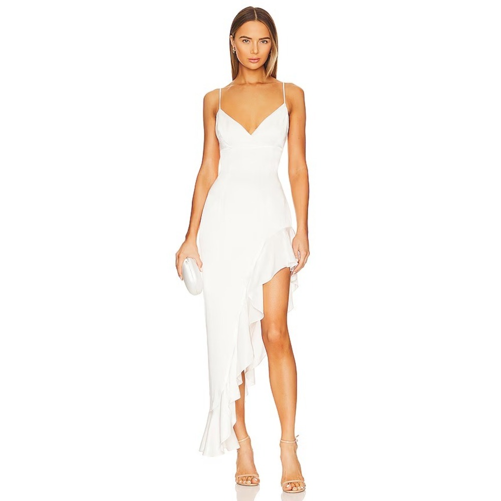 Bardot Ivory Satin Slip Midi Ember Dress NWT Sz M Asymmetrical Ruffle Hem Bridal